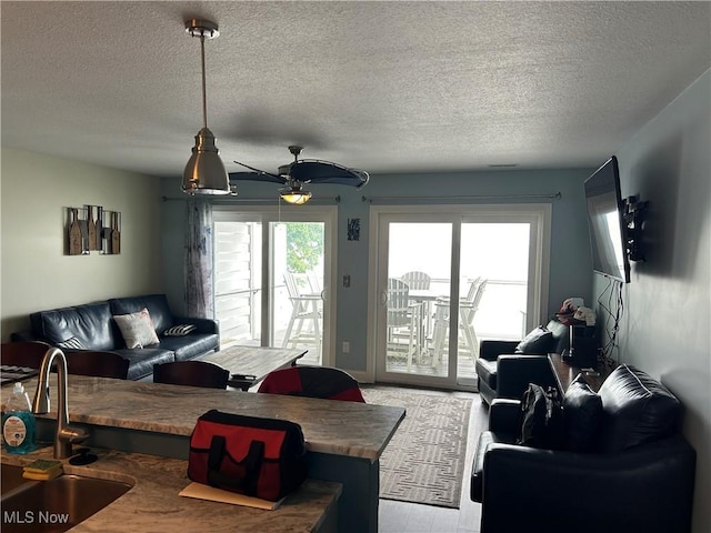 1252 Tri Motor Dr Unit 213, Put-In-Bay, OH 43456 - living room with ceiling fan, a textured ceiling, and light wood-style floors