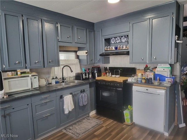58 Wilpark Dr, Akron, OH 44312 - kitchen featuring open shelves, a sink, dark wood-style flooring, white appliances, and under cabinet range hood