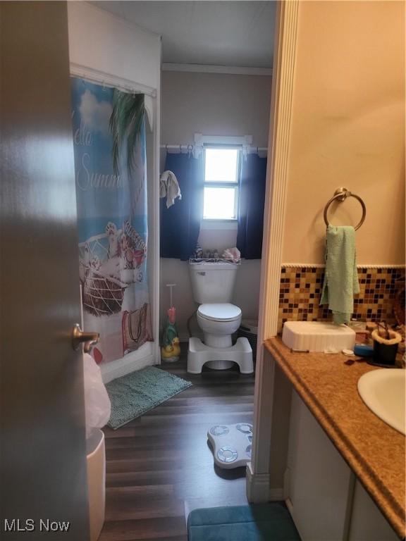 58 Wilpark Dr, Akron, OH 44312 - bathroom featuring tasteful backsplash, vanity, crown molding, toilet, and wood finished floors