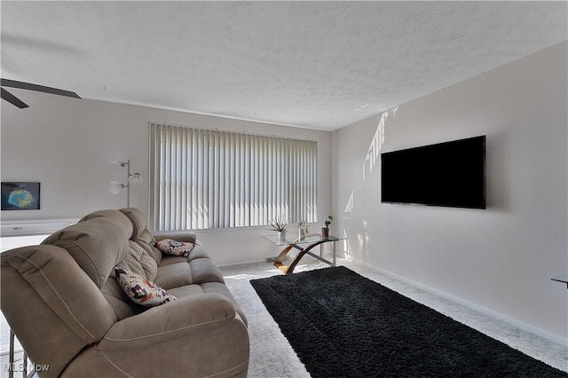 1863 Beaver Trl, Mineral Ridge, OH 44440 - carpeted living area with baseboards, a ceiling fan, and a textured ceiling