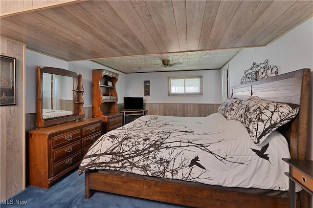 1863 Beaver Trl, Mineral Ridge, OH 44440 - carpeted bedroom with wooden ceiling, wooden walls, and wainscoting
