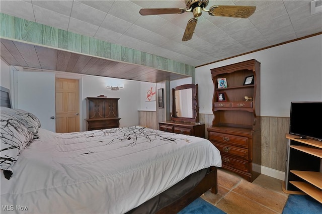 1863 Beaver Trl, Mineral Ridge, OH 44440 - bedroom featuring wooden walls, visible vents, ceiling fan, and a wainscoted wall