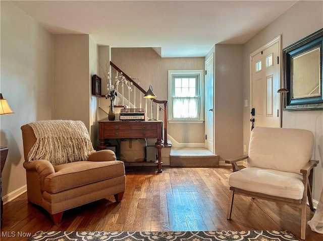 835 John St, Niles, OH 44446 - sitting room with baseboards, stairway, and hardwood / wood-style floors