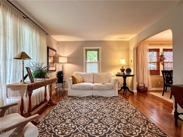 835 John St, Niles, OH 44446 - living room featuring arched walkways, wood-type flooring, and baseboards