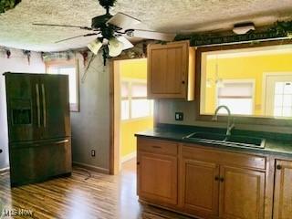 1317 Josephine St, Toronto, OH 43964 - kitchen with black fridge, a sink, ceiling fan, plenty of natural light, and a textured ceiling