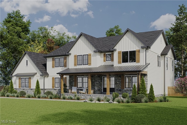 2762 Rocky Ridge Dr, Westlake, OH 44145 - view of front of house featuring a standing seam roof, a front yard, stone siding, and board and batten siding
