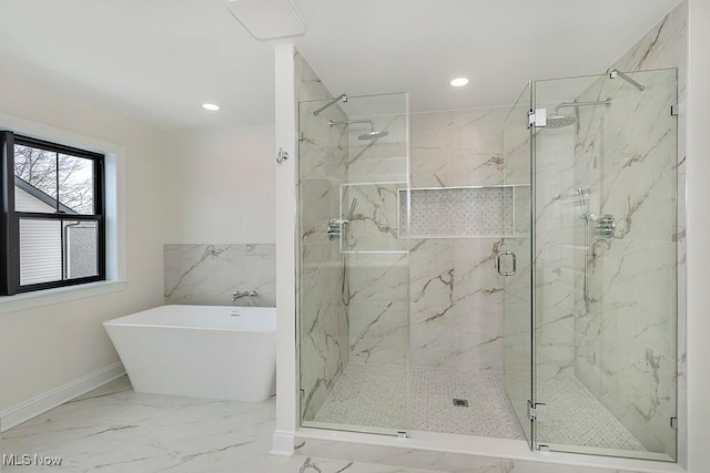 2762 Rocky Ridge Dr, Westlake, OH 44145 - bathroom featuring a soaking tub, recessed lighting, marble finish floor, a marble finish shower, and baseboards