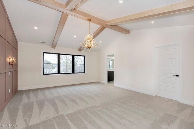 2762 Rocky Ridge Dr, Westlake, OH 44145 - unfurnished room with light colored carpet, recessed lighting, a chandelier, a healthy amount of sunlight, and vaulted ceiling with beams