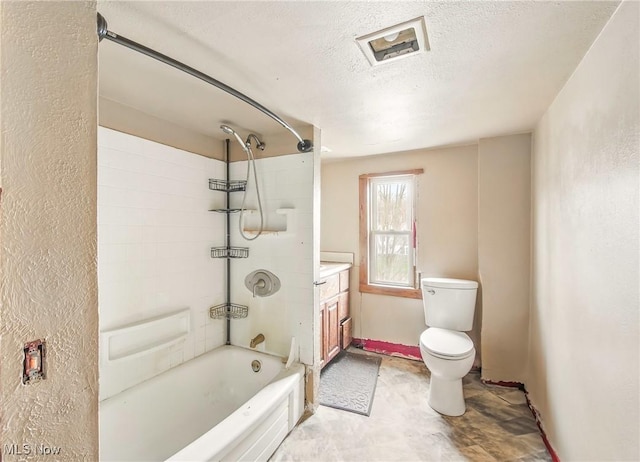 bathroom with visible vents, toilet, a textured wall, a textured ceiling, and tub / shower combination