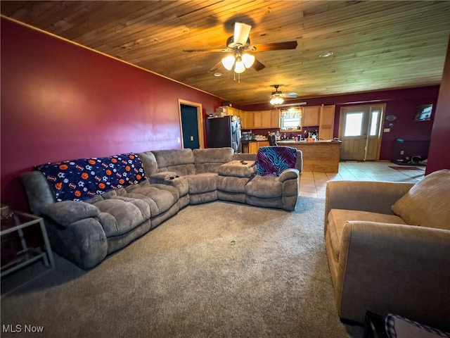 living area featuring light colored carpet, wood ceiling, and a ceiling fan
