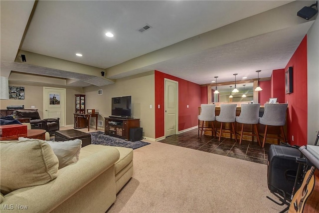 living room featuring bar, visible vents, recessed lighting, dark colored carpet, and baseboards