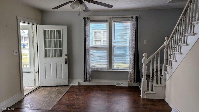 entrance foyer featuring ceiling fan, wood-type flooring, and plenty of natural light
