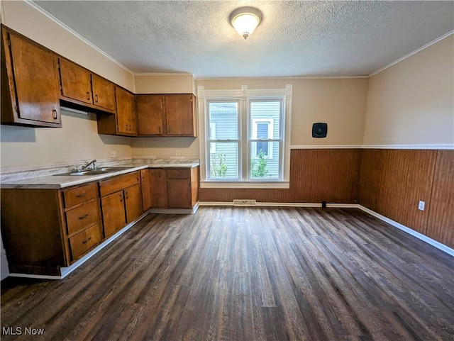 1636 W 8th St, Ashtabula, OH 44004 - kitchen featuring dark wood finished floors, a textured ceiling, light countertops, a sink, and brown cabinets