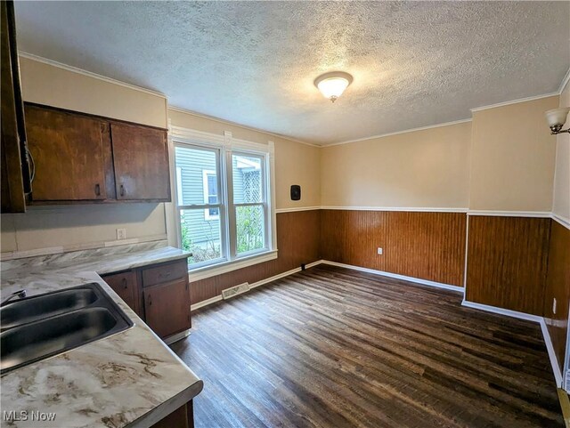 1636 W 8th St, Ashtabula, OH 44004 - kitchen with a sink, dark wood-style flooring, a textured ceiling, light countertops, and a wainscoted wall