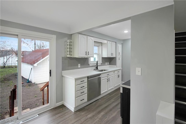 kitchen featuring a sink, white cabinets, wood finished floors, and dishwasher