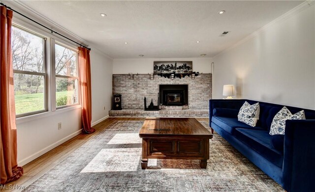 7345 Township Road 319, Millersburg, OH 44654 - living room featuring visible vents, baseboards, ornamental molding, a fireplace, and wood finished floors