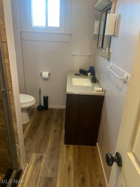 bathroom featuring a shower with shower door, wood finished floors, vanity, and toilet