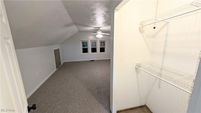 walk in closet featuring a ceiling fan, lofted ceiling, and carpet floors