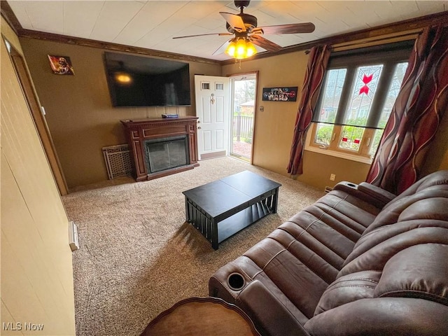106 N Surry Rd, East Liverpool, OH 43920 - living area featuring ornamental molding, a ceiling fan, a glass covered fireplace, and carpet floors