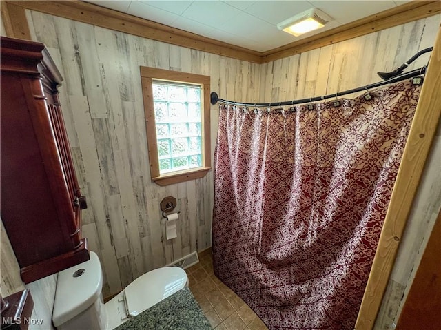 106 N Surry Rd, East Liverpool, OH 43920 - bathroom featuring wood walls, toilet, a shower with shower curtain, and tile patterned floors
