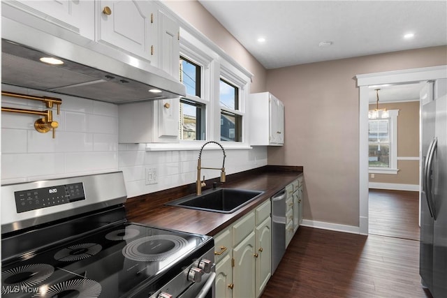 kitchen featuring a sink, dark wood-style flooring, under cabinet range hood, stainless steel appliances, and backsplash