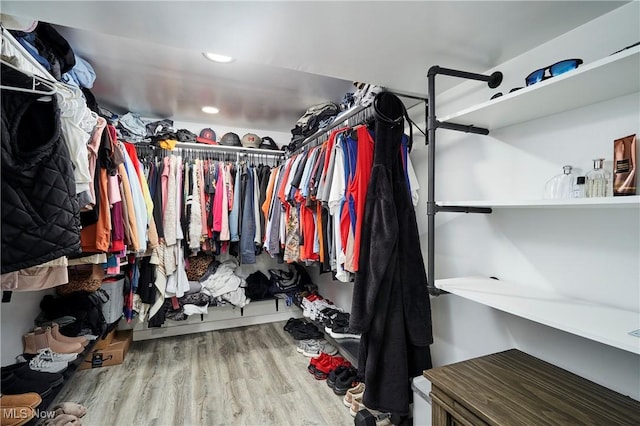 walk in closet with wood finished floors