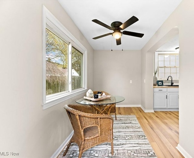 dining room featuring light wood finished floors, ceiling fan, baseboards, and a healthy amount of sunlight