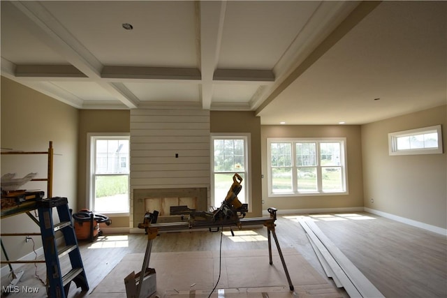 1486 Lake Front Blvd, North Lima, OH 44452 - living room featuring wood finished floors, beamed ceiling, baseboards, coffered ceiling, and recessed lighting