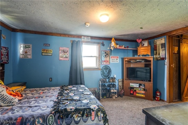 carpeted bedroom with a textured ceiling