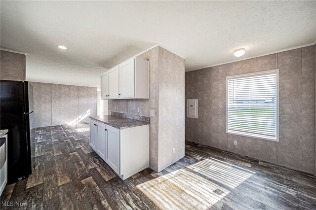 53 Martha Dr, Madison, OH 44057 - kitchen with dark wood-style floors, white cabinetry, freestanding refrigerator, and a textured ceiling