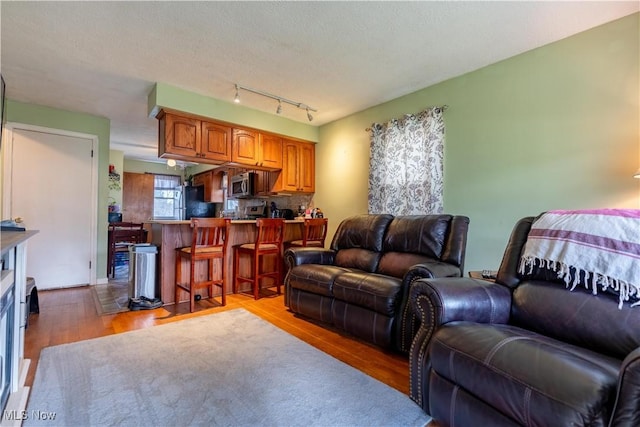 living area with track lighting and wood finished floors