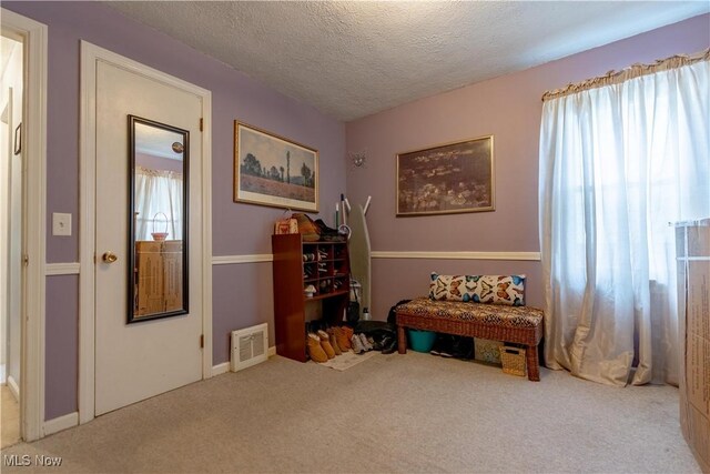 interior space featuring a textured ceiling, visible vents, and carpet floors