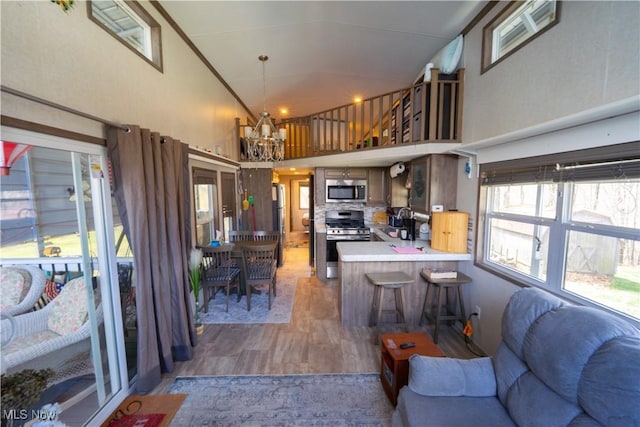 living area with high vaulted ceiling, a notable chandelier, and wood finished floors
