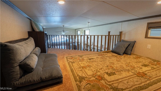 carpeted bedroom featuring lofted ceiling