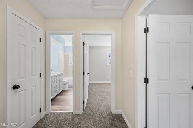 hallway with baseboards and carpet floors