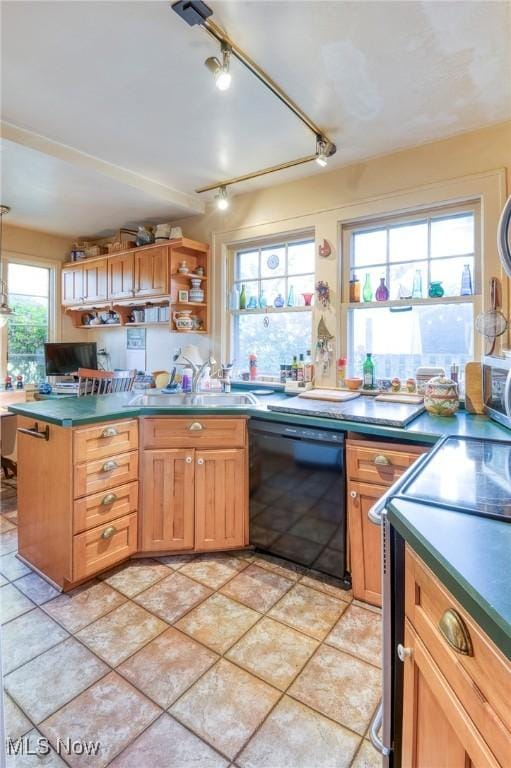 kitchen featuring dark countertops, dishwasher, track lighting, and a sink