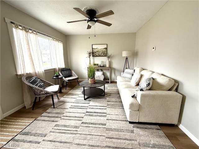 222 Smith St, Niles, OH 44446 - living room with baseboards, a ceiling fan, wood finished floors, and a textured ceiling