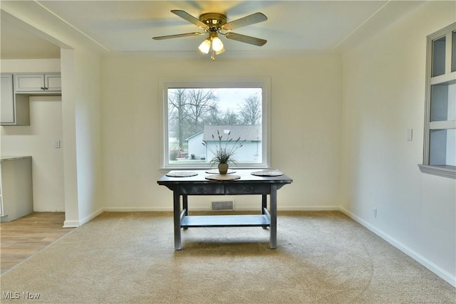 5099 Norquest Blvd, Youngstown, OH 44515 - dining room featuring ceiling fan, baseboards, and light colored carpet