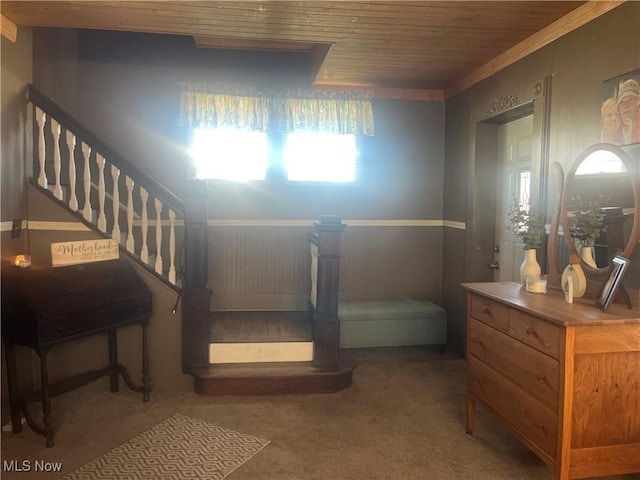 1641 Sharon Ave, Zanesville, OH 43701 - carpeted bedroom featuring ornamental molding, wooden ceiling, and multiple windows