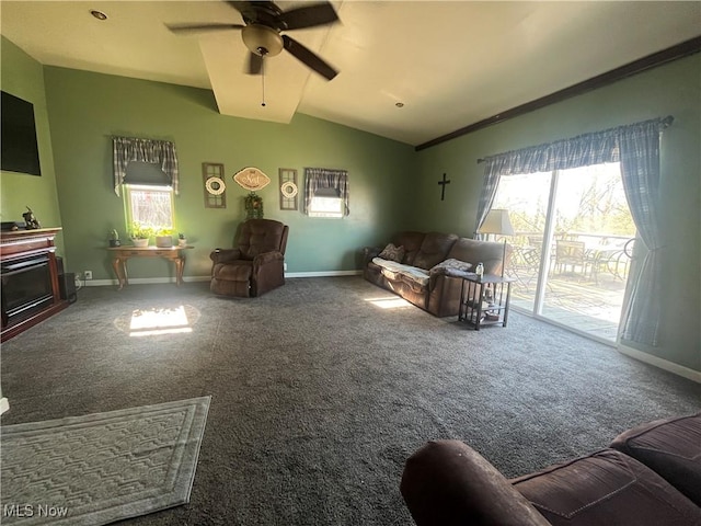 1641 Sharon Ave, Zanesville, OH 43701 - carpeted living room with lofted ceiling, a ceiling fan, and baseboards