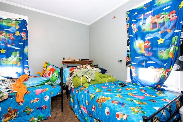carpeted bedroom with ornamental molding