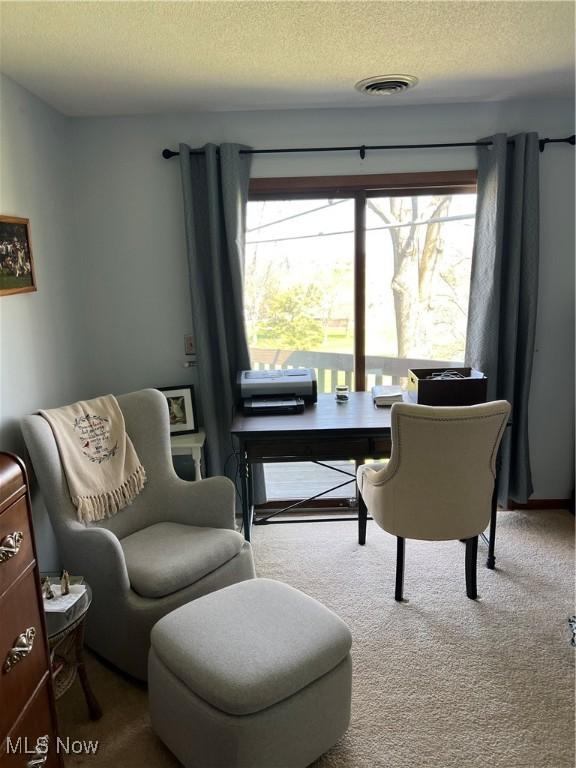 living area featuring a textured ceiling, plenty of natural light, visible vents, and carpet flooring