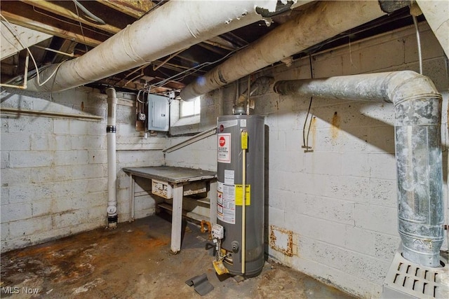 basement featuring electric panel and gas water heater