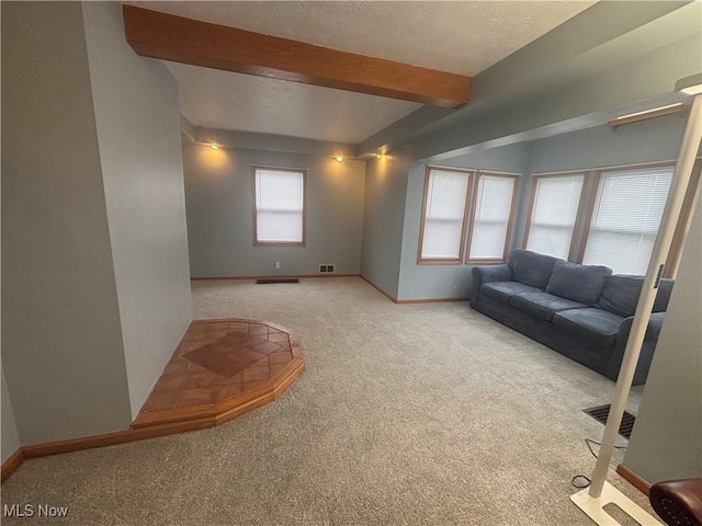 405 Oak Knoll Ave SE, Warren, OH 44483 - living area featuring visible vents, light carpet, beamed ceiling, baseboards, and a textured ceiling
