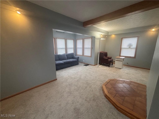 405 Oak Knoll Ave SE, Warren, OH 44483 - carpeted living area featuring baseboards and beam ceiling
