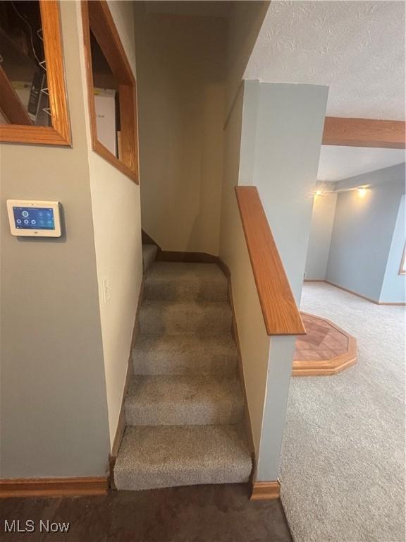 405 Oak Knoll Ave SE, Warren, OH 44483 - stairs featuring a textured ceiling, carpet flooring, and baseboards
