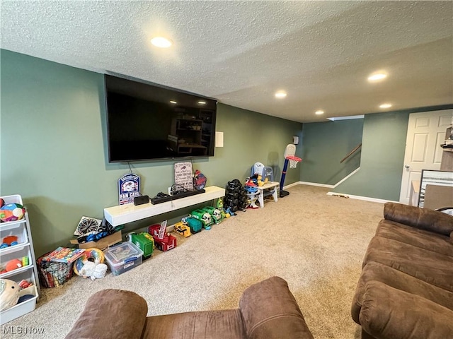 203 57th St, Vienna, WV 26105 - carpeted living room with baseboards, a textured ceiling, and recessed lighting