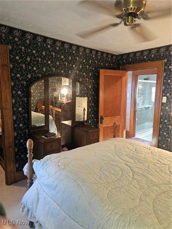 445 N 18th St, Sebring, OH 44672 - bedroom with ceiling fan, carpet flooring, access to exterior, and wallpapered walls