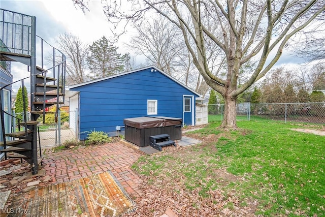 366 Portage St, Wadsworth, OH 44281 - view of yard with a fenced backyard, a gate, a patio area, a hot tub, and stairway
