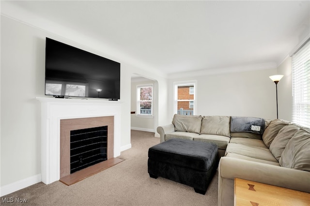 living area with a fireplace with flush hearth, baseboards, and carpet
